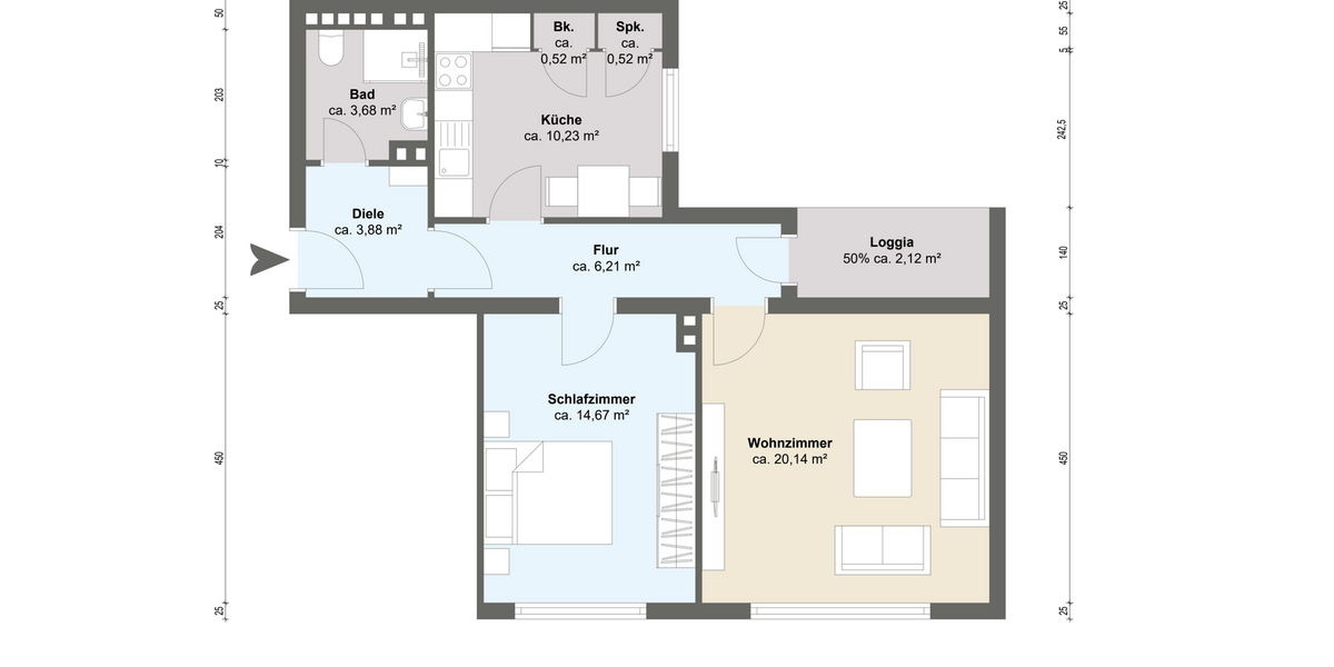 Etagenwohnung Düsseldorf Friedrichstadt - 2 Zimmer, 64 m&sup2;, 299.000&euro; | Angebot:27108890